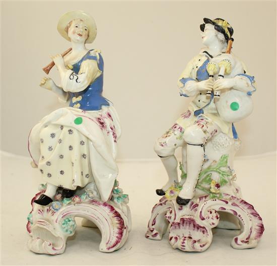 A near pair of Bow figures of musicians, c.1758, 22cm and 23cm, slight restorations